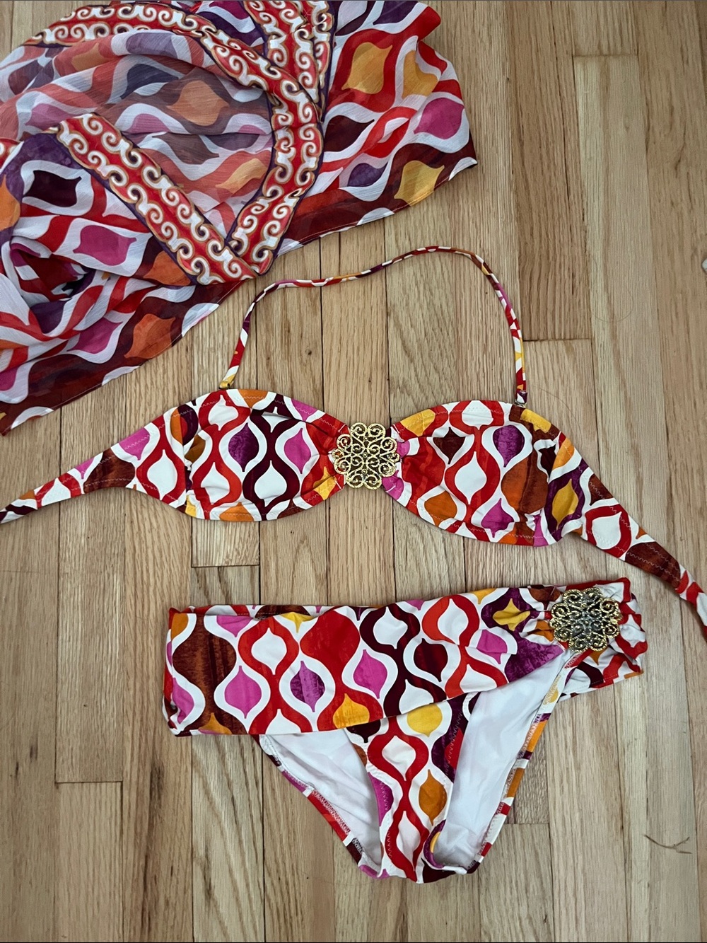 Trina Turk Multicolor Retro Print Bikini with Gold Accent